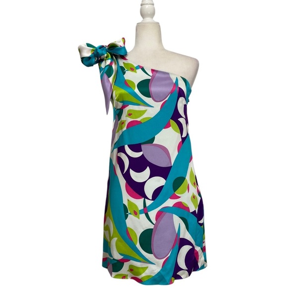 Chloe Dao Lot 8 Silk Graphic Dress One Shoulder Mini Silhouette Art to Wear - Picture 1 of 10
